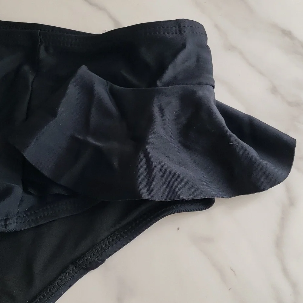 SPORLIKE Ruffle V Neck High Waisted Bikini in Black Size XL